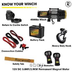 Electric Winch 4500lbs 12v RocwooD Steel Heavy Duty Fairlead Remote Control