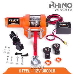 Rhino Electric Winch 12v 3000lbs Steel Cable Heavy Duty Fairlead Remote Control
